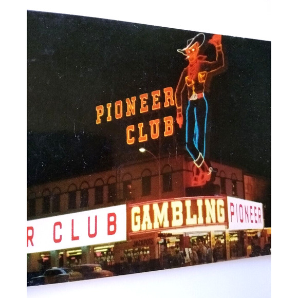 Pioneer Club Casino Postcard Las Vegas Nevada Cowboy Vic Neon Sign Old Cars Slot - Picture 2 of 5